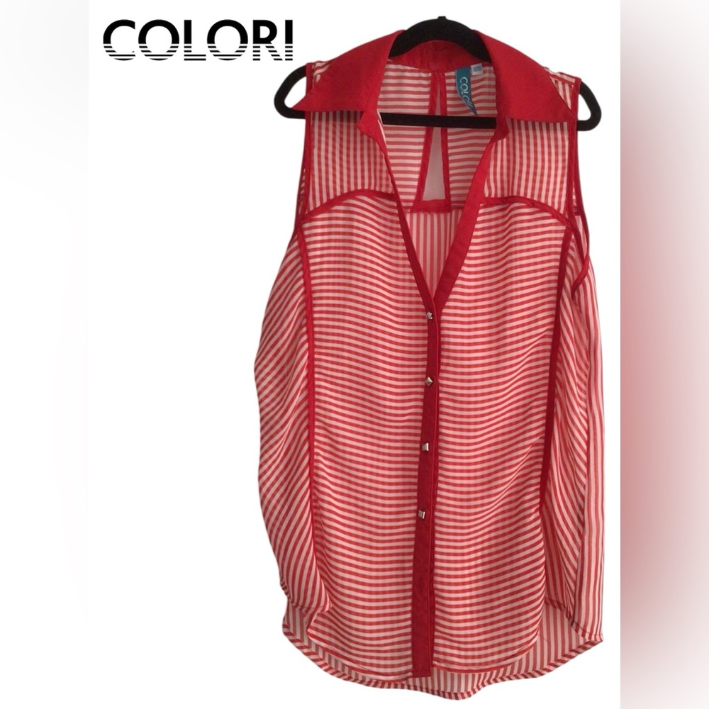 😉COLORI Red Stripe Sleeveless Button-Up Blouse